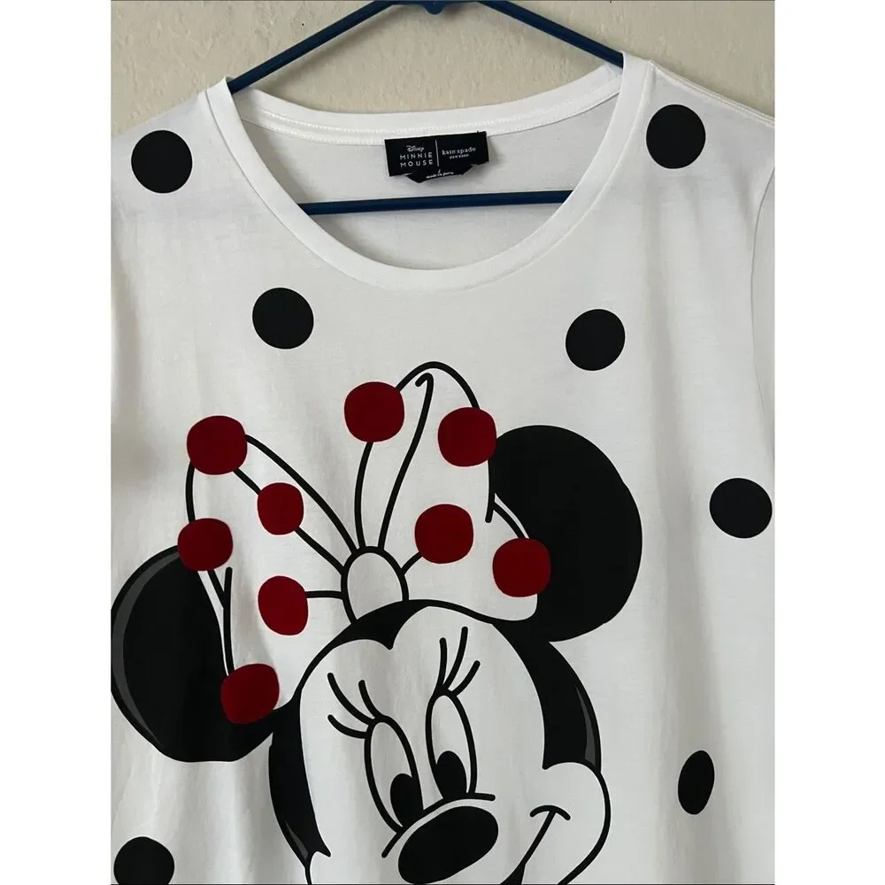 Like New! Kate Spade Disney White Minnie Mouse Polka Dot Tee Red Bow Accents L